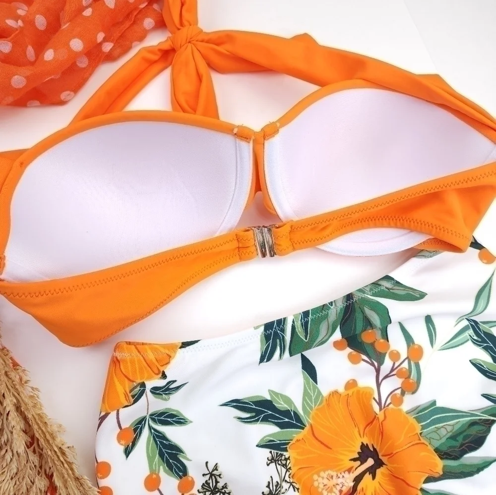 New Orange Floral 2pc Swimsuit Sz XS / S - Picture 8 of 16